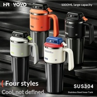 Grand gobelet isotherme 1000 ml avec couvercle à ouverture rapide, bouteille d'eau en acier inoxydable pour porte-gobelet de voiture/bureau, 12h pour boissons chaudes ou froides