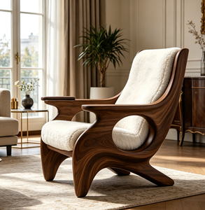 Poltrona Singola Imbottita in Sherpa Bianco con Telaio in Fibra di Vetro Effetto Legno per Interni Residenziali dal Look Mid-century - Product Image 3