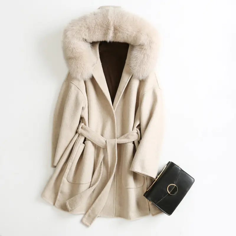 Jtfur Women Fall Winter Big Fluffy Real Fox Fur Collar Jacket Cute Hooded Wool Coat with Belt
