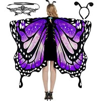 Costume d'ailes de papillon double face pour Halloween Ailes de fée pour adultes Cape de dame Cape colorée de danse du ventre avec masque pour les yeux et bandeau