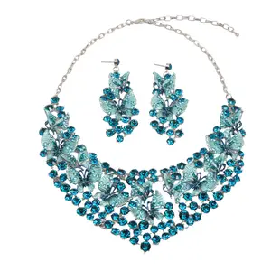 Wholesale Luxury Butterfly Crystal Necklace and Earring Set Fashion Colorful Jewelry for Bride for Gift or Party Occasion
