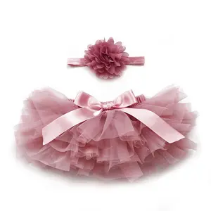 批发尘土飞扬的粉红色舒适雪纺分层芭蕾舞短裙婴儿网眼裙子2件套