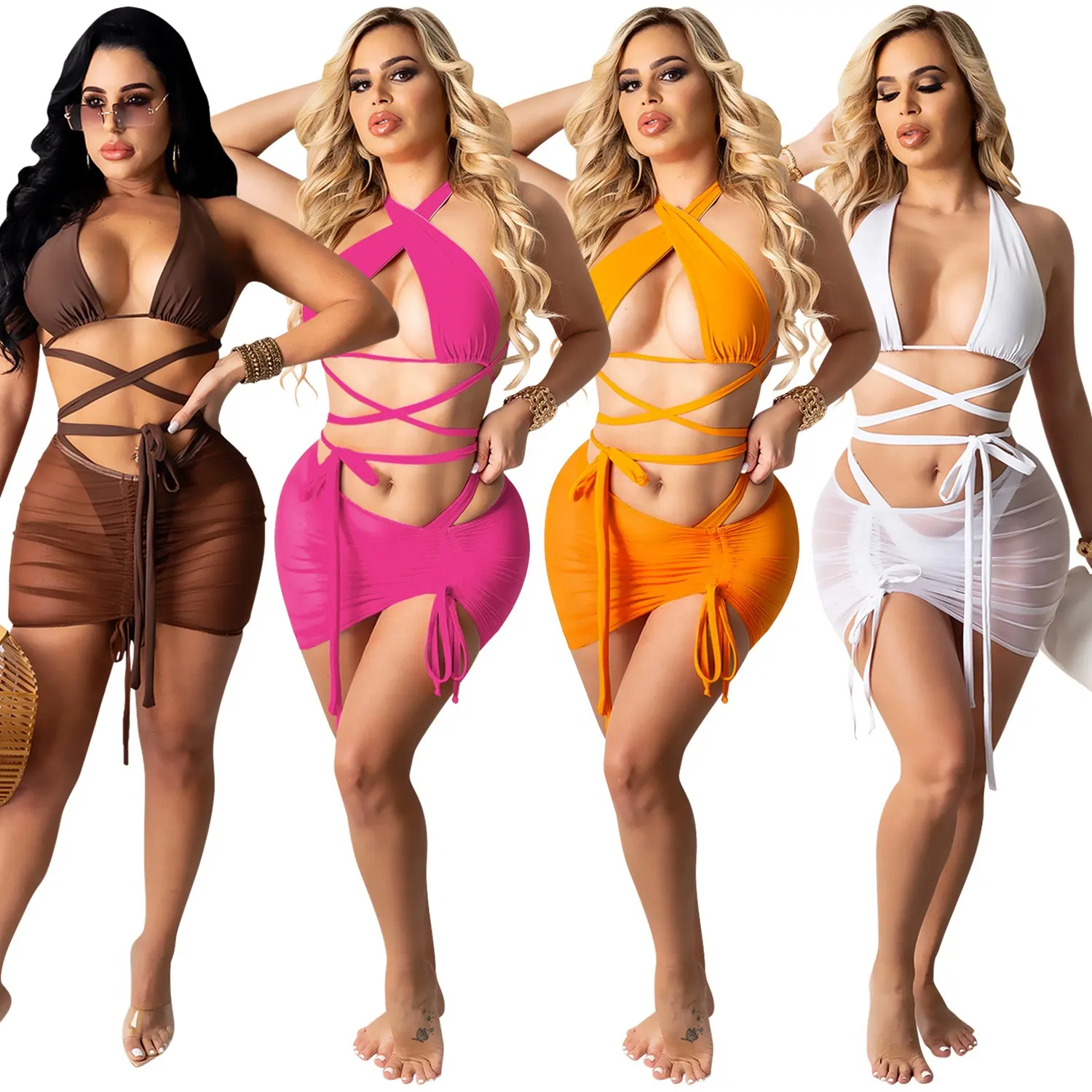Новое поступление 2021, женский сексуальный купальник из 3 предметов, сетчатые комплекты бикини, женский купальный костюм, прозрачный купальник, накидка, пляжная одежда