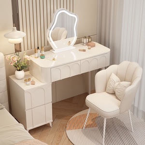 Cream Style <b>Dressing</b> <b>Table</b> With Storage Cabinet For Bedroom Small Apartment Modern <b>Makeup</b> Vanity White Panel Finish - Product Image 3