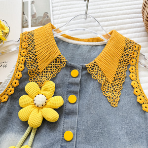 ชุดฤดูร้อนเด็กผู้หญิง 2 ชิ้น ปี 2026 เสื้อแขนกุดผ้าเดนิมคอปกลูกไม้สีส้ม + กางเกงขาสั้นประดับโบว์ดอกไม้ - Product Image 5