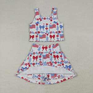 Ensemble jupe sans manches GSD3499 RTS pour petite fille, motif drapeau bleu et rouge du 4 juillet, vente en gros, vêtements pour tout-petits et enfants - Product Image 2