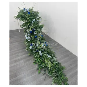 Henan pürüzsüz sıcak satış düğün koşucu ipek yapay mavi çiçek yeşillik çiçek koşucu satır masa dekorasyon