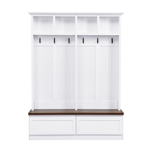 Modern 4-in-1 Adjustable <strong>Hall</strong> Tree Wood Grain Bench Bedroom Versatile <strong>Coat</strong> <strong>Rack</strong> 2 Large Drawer Entrance Organizer White - Product Image 1