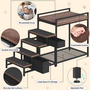 Cama Elevada para Mascotas de Madera Maciza Personalizada con Escaleras Extraíbles, 2 Cajones, Ventana, Marco Metálico Resistente, Cama para Perros y Gatos con Cojín Suave - Product Image 2