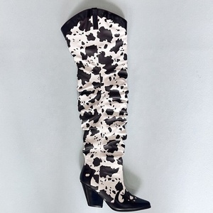 Pointy Toe Cow Print Design High Chunky Heel Boots Loose Leisure Over Knee High Booties Women Patchwork Denim <b>Shoes</b> Mixed Color - Product Image 3