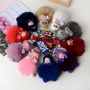Porte-clés mignon en fourrure de renard véritable avec <span class=keywords><strong>pompon</strong></span> pour femme, pendentif pour sac, accessoires de clés de voiture, cadeau pour fille, poupée en peluche, porte-clés de couple - Product Image 1