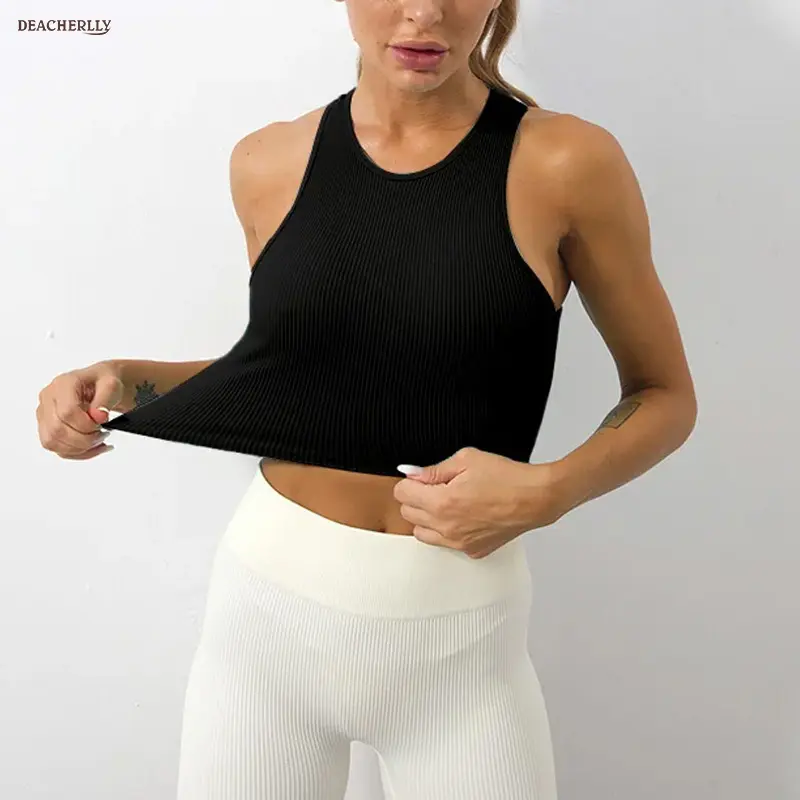 Mouwloze Yoga Crop Tank Top Basic Hardloopsport Gym Oefening Vrouwen Racerback Naadloze Geribbelde Shirts