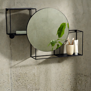 Modern Industrial <b>Bathroom</b> <b>Mirror</b> Black Metal Frame Round Vanity <b>Mirror</b> Wall Mounted Storage Shelf Towel Holder Organizer - Product Image 1