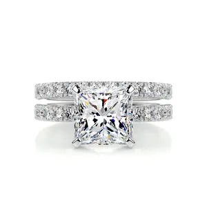 SGARIT硅石珠宝18k白金2.1ct公主切割硅石戒指套装情侣钻石订婚硅石新娘套装