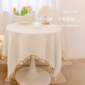 Skye Solid Color Cotton <b>Linen</b> Round <b>Tablecloth</b> With Tassels Waterproof Home Use - Product Image 2