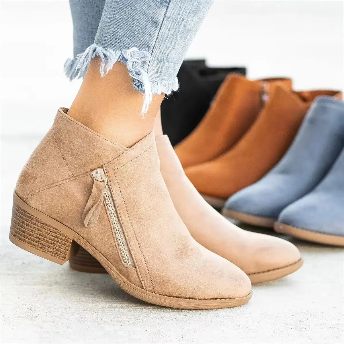 35-43 Winter autumn short boot woman ankle boots zipper Ladies flat feman shoes vintage female thick square heel boots