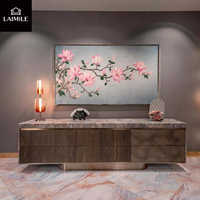 Buffet moderne de luxe avec plateau en marbre naturel et placage bois, meuble de rangement latéral pour salle à manger de villa, mobilier de maison