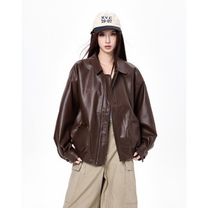 2026 Early Autumn New Women's Brown PU Leather <strong>Jacket</strong> <strong>Petite</strong> Hong Kong Style Vintage <strong>Biker</strong> Moto Casual Fashion Outerwear Coat - Product Image 2