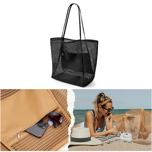 Bolso de playa plegable con patrón geométrico de moda para mujer I-1030, bolso de mano de malla, bolso de hombro para mujer con cierre de cremallera, poliéster. - Product Image 6