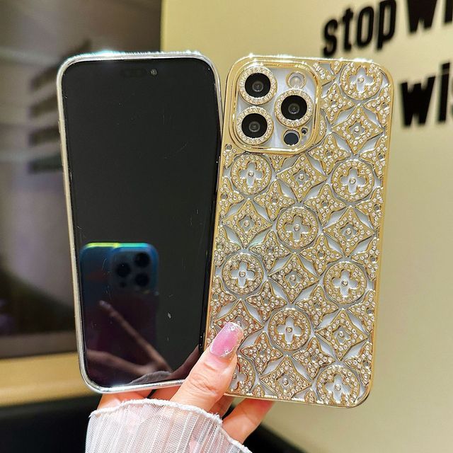 Popular Plated Flower Diamond Hollowed-out Mobile Phone case Lens Diamond All-inclusive Soft Drop Proof Cover for Iphone 15 16