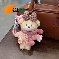 Porte-clés en peluche ours mignon rose avec écharpe et nœud, style dessin animé créatif, pendentif pour sac à dos, accessoire de mode, porte-clés au crochet