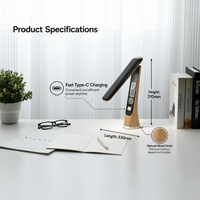 Lampe de bureau LED à effet bois avec horloge LCD, calendrier, température, pliable, rechargeable, à intensité variable, pour la protection des yeux, lampe de chevet