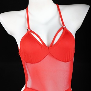 Combinaison de lingerie sexy en maille rouge à bretelles spaghetti et col en V profond pour femme - Product Image 1