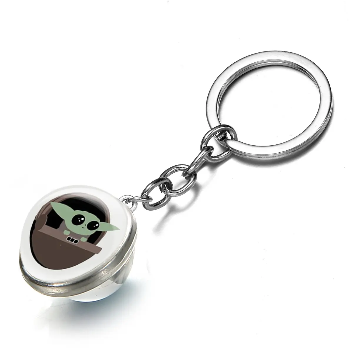 ขายส่งยอดนิยมMandaloro 3Dโยดาเวลาทารกอัญมณีพวงกุญแจแก้วที่กำหนดเองด้านคู่จี้ของขวัญพวงกุญแจ