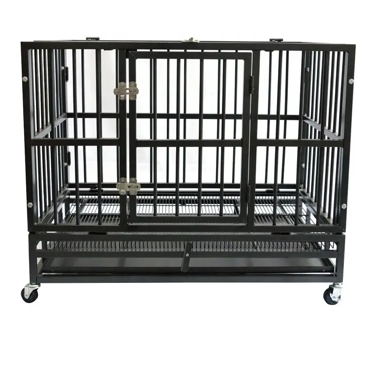 Cage d'extérieur pour chien lourd Cage pour chien haute résistance en métal noir Grande cage pour chien avec roues