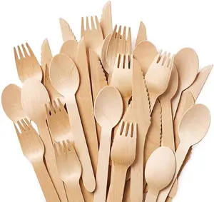 Disposable Wooden Cutlery Set | 6.5" Splinter Free Compostable Utensils Biodegradable Eco-Friendly | 100% All - Natural Bamboo