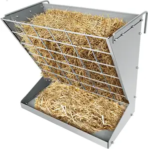 Wall Mount Hay Rack, Heavy-Duty Galvanized Metal 2 in 1 Hay and Grain Feeder, Livestock Feeder Hay Feeder Bracket