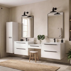 <span class=keywords><strong>Mobile</strong></span> <span class=keywords><strong>Bagno</strong></span> Moderno Sospeso con Doppio Lavabo, Cassetto Centrale per Trucchi, Maniglie a Barra Lunga e Armadietto Alto per Biancheria - Product Image 4