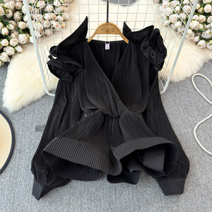 Ruffle Waisted Shirt Women's V-Neck Solid Color 3D Petal <b>Top</b> Fashion - Product Image 3