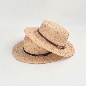 Leather Buckle Flat Top Raffia Custom <b>Straw</b> Boater <b>Hat</b> Women <b>Summer</b> Wide Brim Sunshade Sunblock Beach Holiday <b>Straw</b> Boater <b>Hat</b> - Product Image 1