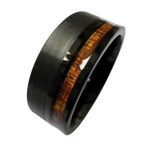8mm Womens Mens Wedding Black Brushed Tungsten Ring With KOA Wood Offset Inlaid Comfort Fit