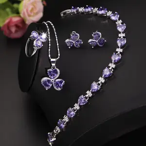紫色锆石锁骨短三叶草项链钻石饰品套装带花耳环戒指浪漫女性几何
