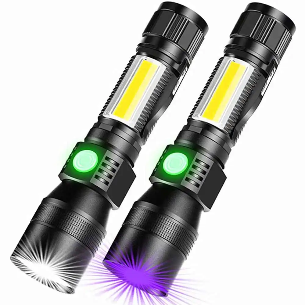 USB rechargeable UV flashlight, waterproof multifunctional COB torch flash light