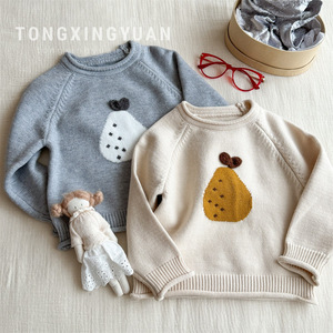 Tongxingyuan Girls Sweater Beige Gray 380 Round Neck Jacquard Knit Cotton Autumn Winter Wear - Product Image 1