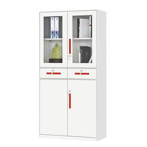 <span class=keywords><strong>Armoire</strong></span> de rangement de bureau en acier blanc et gris à 2 portes avec façade en verre et tiroirs, design minimaliste, casier à dossiers pour espace de vie ou de bureau - Product Image 3