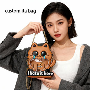 Sac Ita personnalisé en forme de chat pleurant marron, sac à main en forme de chat de dessin animé avec fenêtre en forme de cœur pour l'affichage des badges - Product Image 3