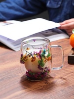 Mug à café en verre à double paroi en borosilicate de haute qualité, 250 ml/390 ml, avec poignée, pour fleurs séchées