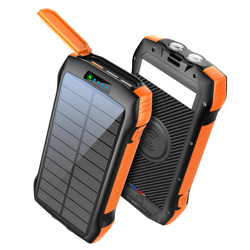 2023 Novo produto de patente IP67 Banco de energia solar 20000mAh Carregador móvel portátil 33600mAh Triplo USB Carregador Rápido 18W Sem Fio 10W