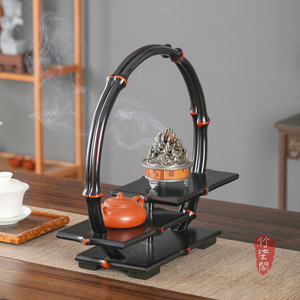 Bamboo Desk Display Shelf Lacquered Round Tea Set Storage Rack Chinese Style Teacup Holder - Product Image 3