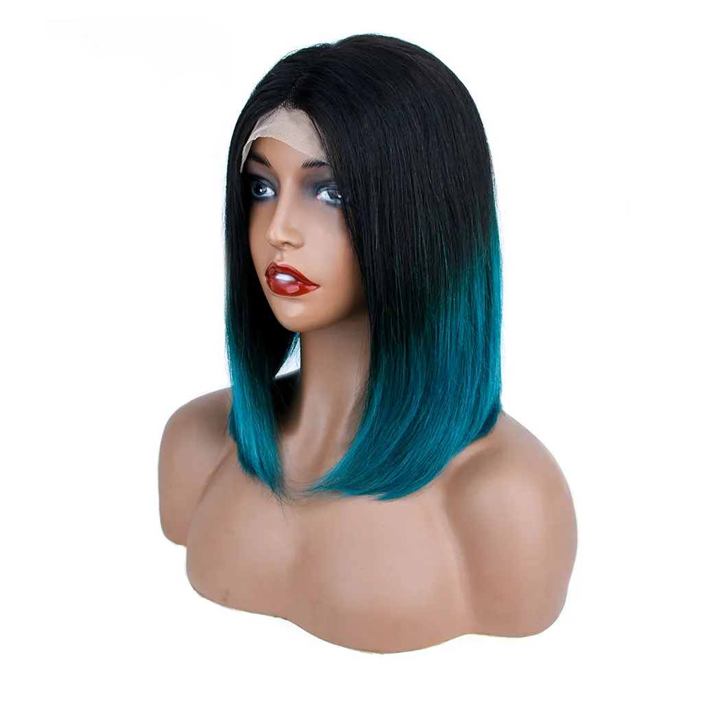 Wholesale 4*4 Lace Closure T Part Wigs 12 Inch 11A T1b/Green Straight bob wigs Hot sale Malaysia virgin Human Hair for woman