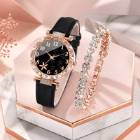 Set Perhiasan Jam Tangan Wanita 2 Buah Mewah Jam Tangan Kuarsa Berlian Imitasi Bunga Campuran Emas Mawar Gelang Kristal Hati Hadiah Fashion