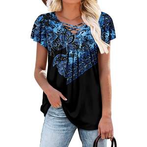 2025 Women's Boho Flattering <b>Blue</b> Pattern XL Dressy <b>Tunic</b> Top V Neck Short Sleeves Includes Leggings Blouses Shirts Product - Product Image 4