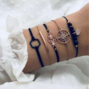 Fashion Charm <b>Bracelets</b> Set For Women <b>Copper</b> Alloy Black Hexagon Crystal Rhinestone Heart Cut Compass Design Gift 2024 - Product Image 1