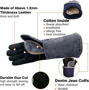 Gants de travail pour barbecue et soudure, résistants à la chaleur, en cuir de vachette pleine fleur, 14 pouces, certifiés EN407 CE, doublés coton - Product Image 2