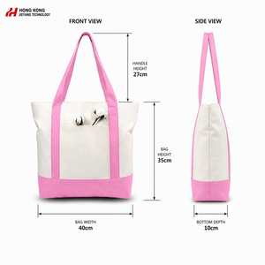 Sac fourre-tout promotionnel en toile de coton rose contrastant pour femme, avec logo personnalisé imprimé, poche zippée et longues poignées, idéal pour la plage ou comme cadeau - Product Image 2
