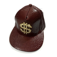 Casquette de baseball ajustable à 6 panneaux en cuir style hip-hop européen et américain, ornée de strass en forme de signe dollar pour homme
